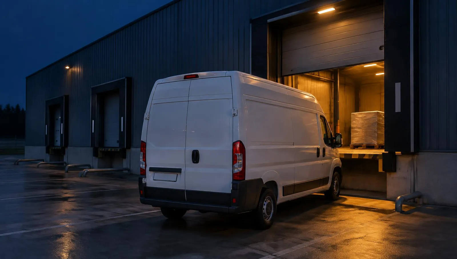 Weißer Transporter an der beleuchteten Laderampe einer Logistikhalle