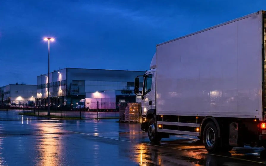 LKW mit Kofferaufbau auf dem beleuchteten Hof einer Logistikhalle