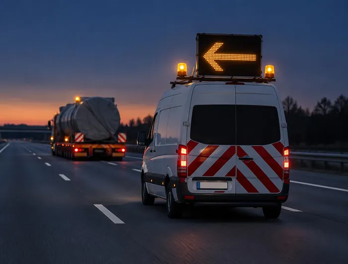 Begleitfahrzeug mit beleuchtetem Richtungspfeil hinter einem Schwertransport