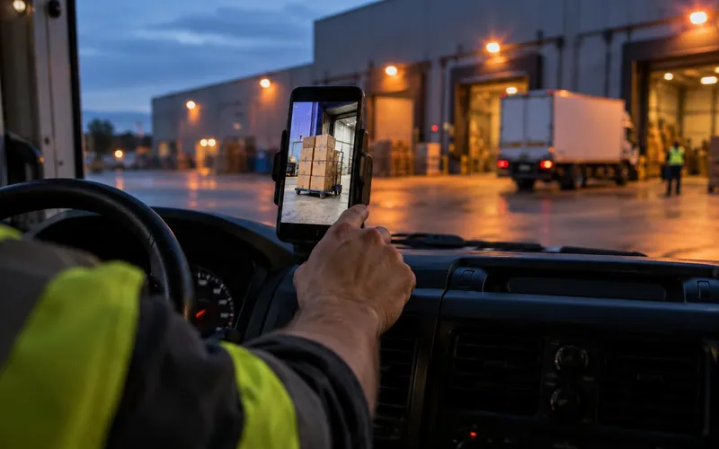 Ein Zustellfoto der abgeladenen Ware wird mit dem Smartphone aufgenommen