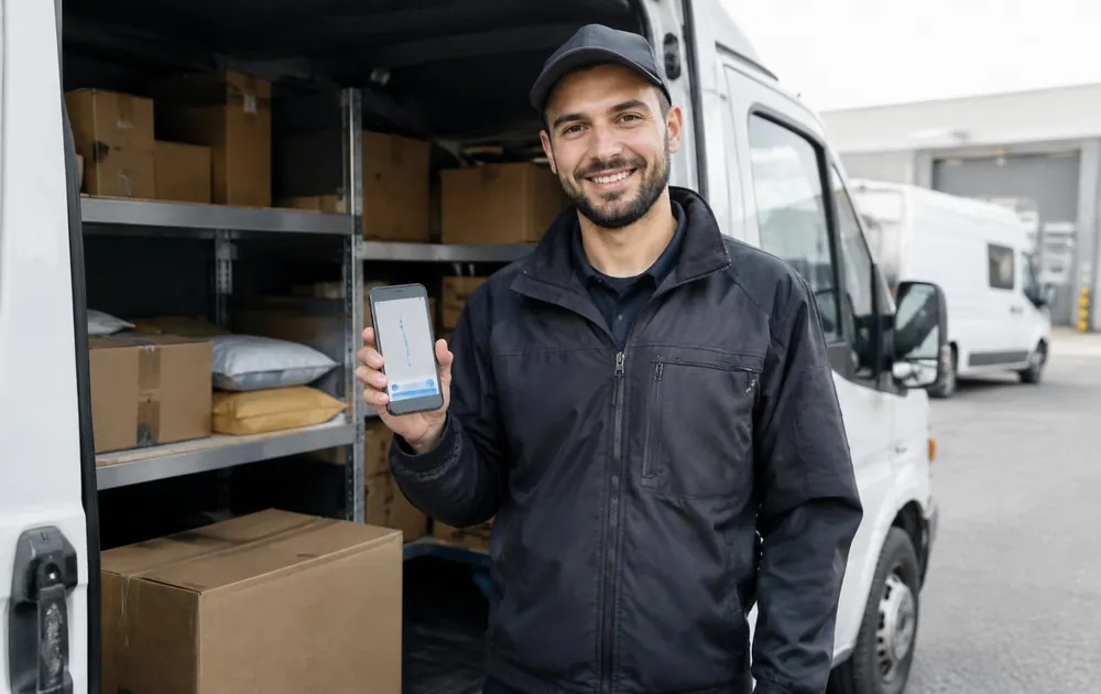 Fahrer vor seinem Transporter zeigt die Fahrer-App auf dem Smartphone