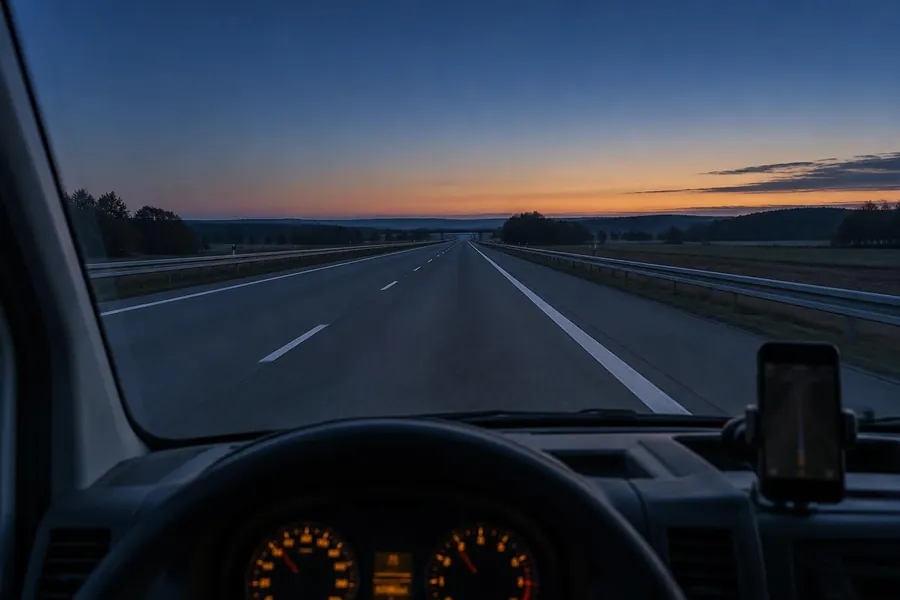 Blick aus dem Fahrerhaus eines Transporters auf die Autobahn am frühen Morgen